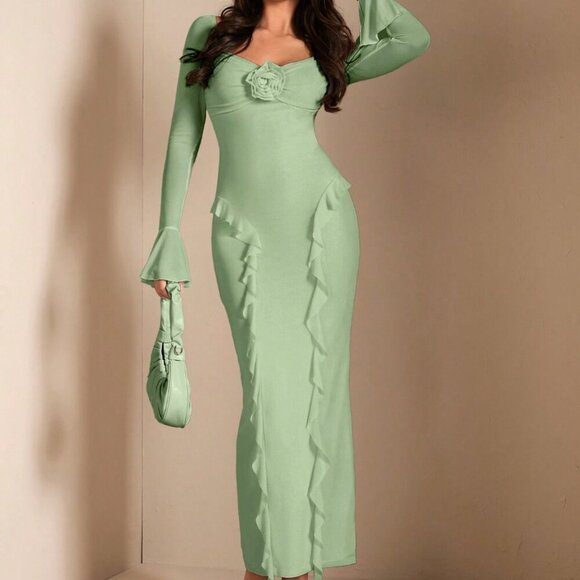 Green Elegant Women's Long Sleeve Floral 3d Decorative Ruffled Dress - Picture 7 of 8